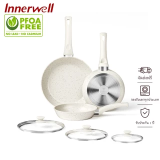 Innerwell 6 ชิ้นสีขาว กระทะเคลือบเซรามิก ทอดมีฝา ก้นแบน ไม่ติด ขนาด 20/24/28ซม.