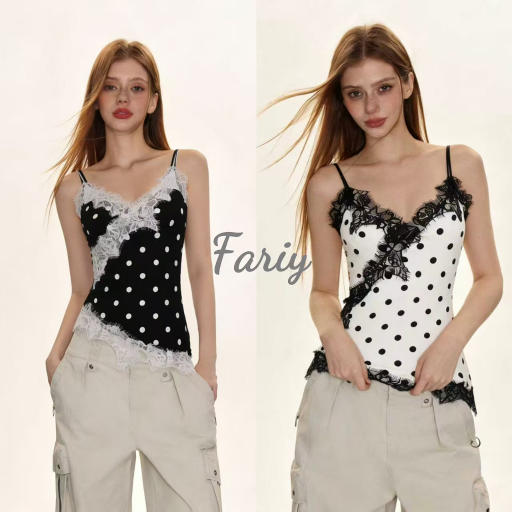 Fariy🍒คลังสินค้าพร้อม🍒 เสื้อสายเดี่ยวทรงฝรั่งเศสสุดเซ็กซี่ ตกแต่งด้วยลูกไม้ เหมาะสำหรับฤดูร้อนปี 2025 ช่วยให้ดูผอมเพรียวและสวยงาม