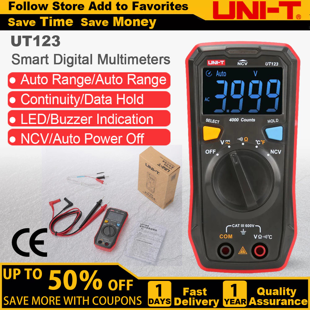 UNIT-UT123D UT123 สมาร์ทในครัวเรือนมัลติมิเตอร์บ้านอัจฉริยะ DC/AC 600V 40MΩ/100uF NCV/LIVE Zero-Live