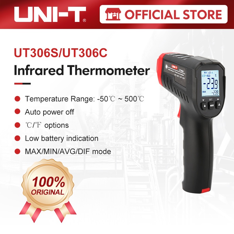 UNI-T UT306S UT306C เครื่องวัดอุณหภูมิดิจิทัล -50℃ ~ 500℃ เครื่องวัดอุณหภูมิเลเซอร์อินฟราเรด แบบไม่ส