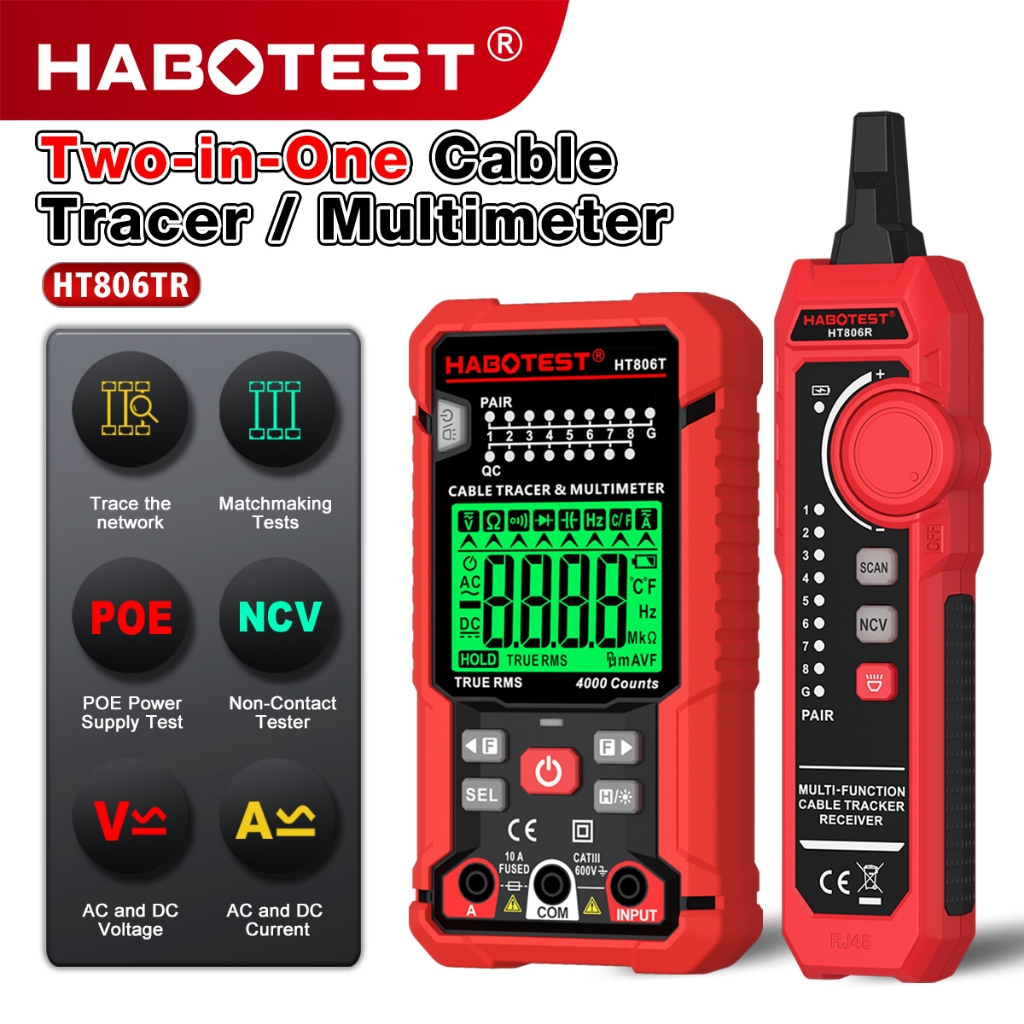 HABOTEST HT806TR มัลติฟังก์ชั่สายเคเบิลเครือข่าย Finder RJ45 RJ11 LAN เครื่องทดสอบสายเคเบิล Mutimeter AC/DC แรงดันไฟฟ้ากระแสตัวเก็บประจุ 600V โวลต์มิเตอร์