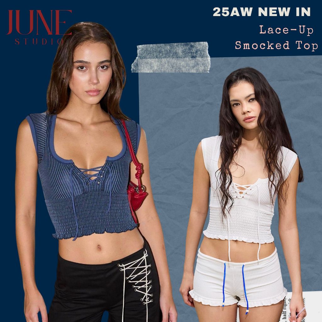 [June Studio] เสื้อยืดสายเดียวแขนสั้นแบบเปิดหน้าอก มีลายทางและกระดุมขึ้นล่าง สำหรับใส่วันธรรมดา