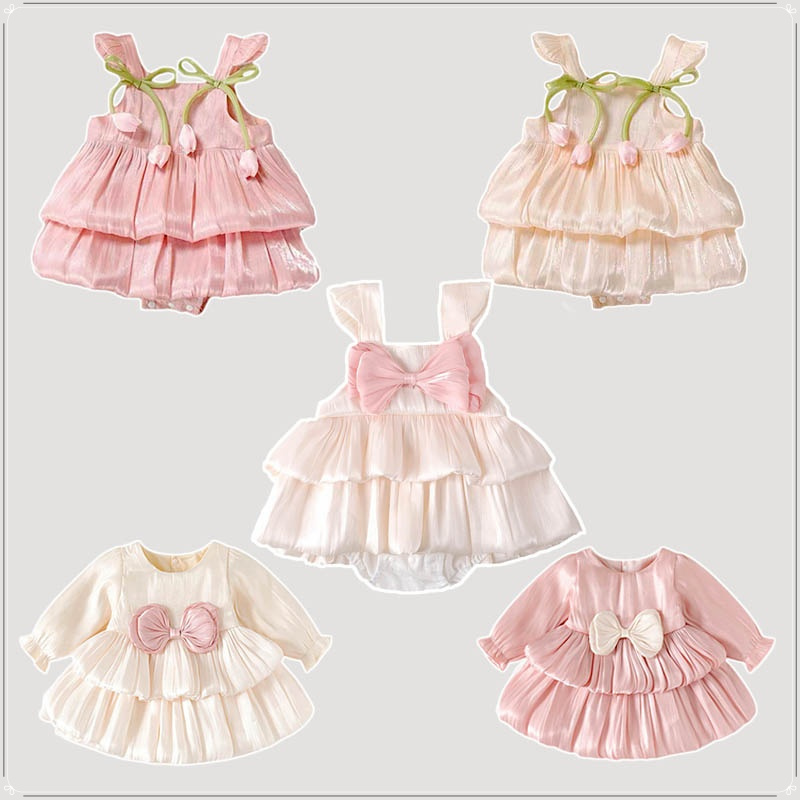 ชุดรอมเปอร์เจ้าหญิงเด็กทารก ลายโบว์ใหญ่และดอกทิวลิป – ชุดแขนกุดและแขนยาวสำหรับถ่ายภาพเด็กแรกเกิด