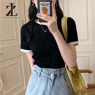 ZHELIHANGFEI เสื้อยืดแขนสั้นทรงสลิมผู้หญิงคอกลม