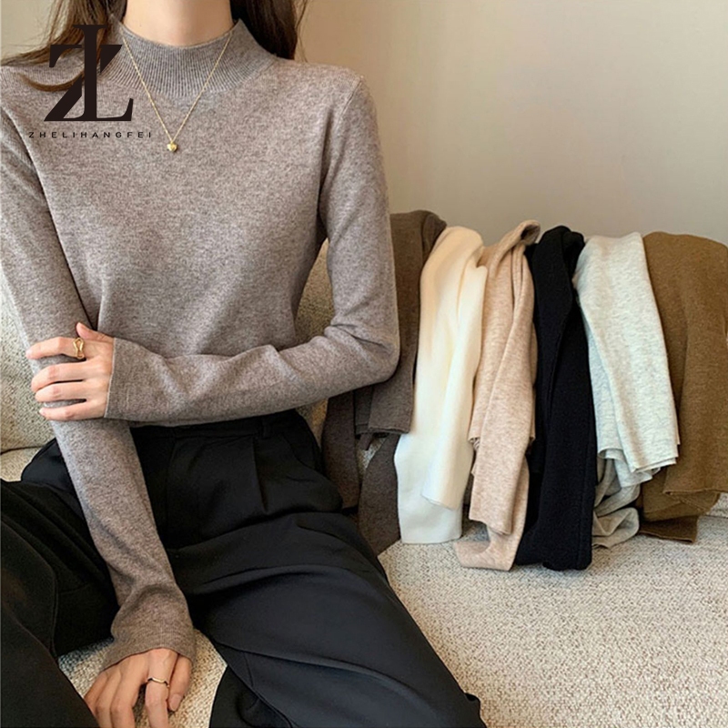 ZHELIHANGFEI เสื้อถักไหมพรมคอเต่าผู้หญิงเสื้อตัวในคอเต่าครึ่งสูงเสื้อแขนยาวเข้ารูป