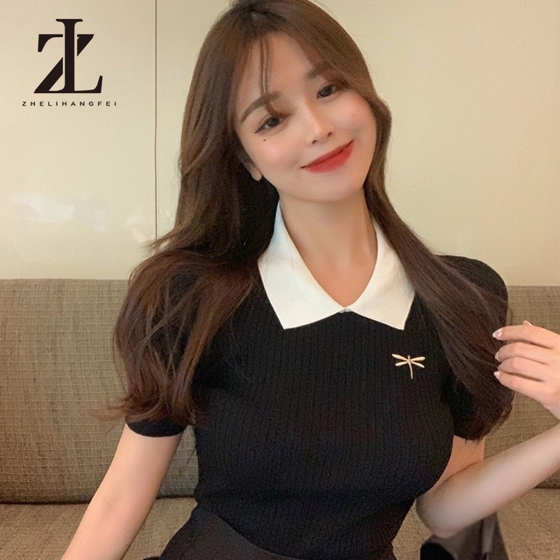 ZHELIHANGFEI แฟชั่นปักสีดําสีขาวผ้าไหมน้ําแข็งเสื้อกันหนาวผู้หญิงเสื้อโปโลปกแขนสั้นเสื้อยืดผู้หญิง