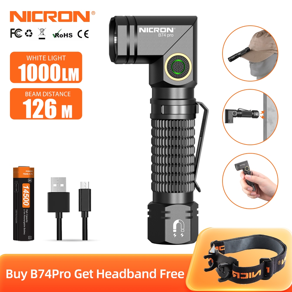NICRON ไฟฉาย Led B74pro 1000 Lumens Dual Fuel 90° บิด คลิปโรตารี่แม่เหล็กสําหรับแฮนด์ฟรี, ไอพี65 กันน้ําสําหรับการเดินป่าตั้งแคมป์กลางแจ้ง