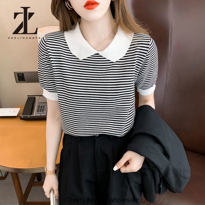 ZHELIHANGFEI  ใหม่ เสื้อกันหนาว แขนสั้น คอตุ๊กตา ผ้าเรยอน ลายทาง สไตล์เกาหลี แฟชั่นสําหรับผู้หญิง