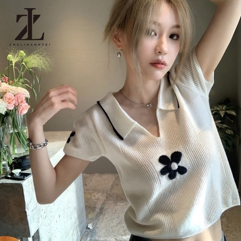 ZHELIHANGFEI เสื้อสเวตเตอร์ถักคอโปโล แขนสั้น กลวงออก สั้น ท๊อป