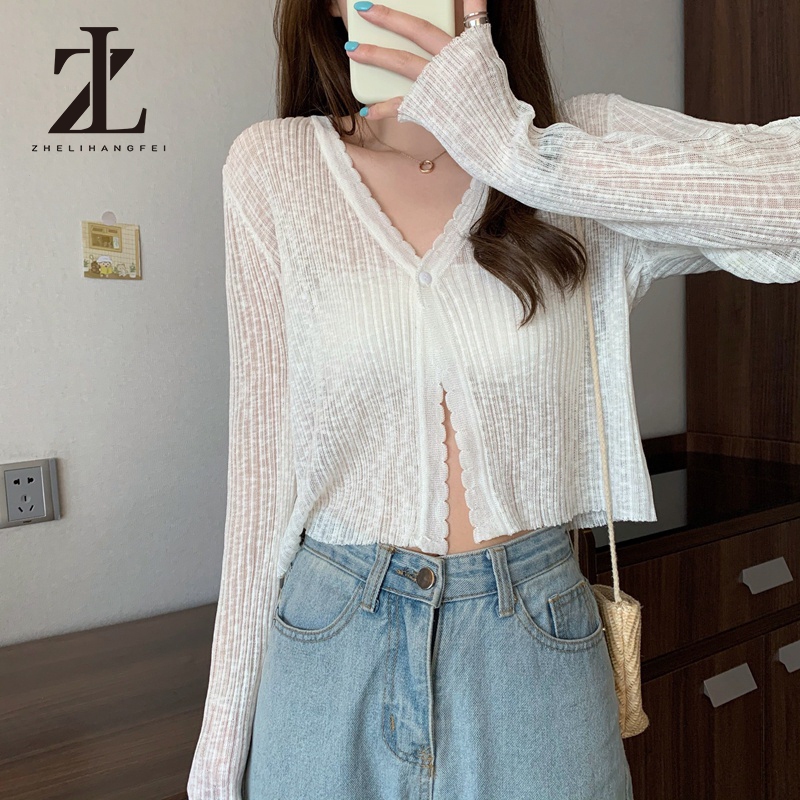 ZHELIHANGFEI น้ำแข็งผ้าไหมผ้าลินินถักคาร์ดิแกนผู้หญิงสั้นแขนยาวเสื้อบางดวงอาทิตย์