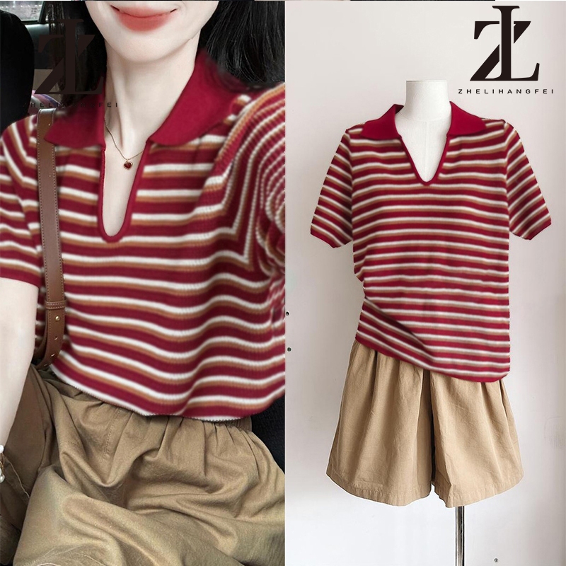 ZHELIHANGFEI เสื้อยืดแขนยาวหญิงแบบสบาย คอปกพับลายทางสีสลับ