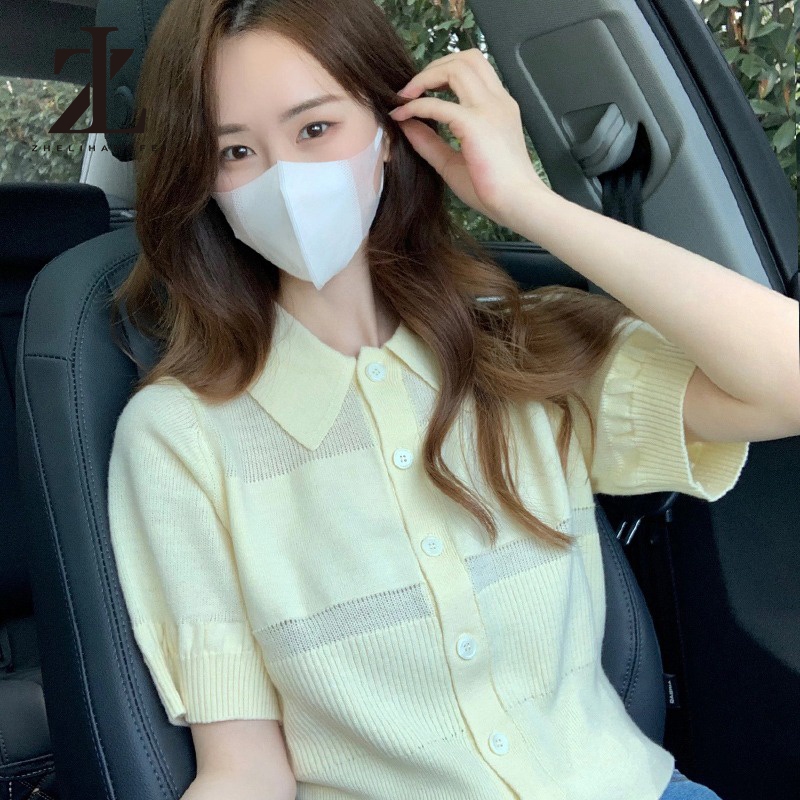 ZHELIHANGFEI เสื้อคาร์ดิแกนถักสีเหลือง POLO คอปกเสื้อยืดแขนสั้น