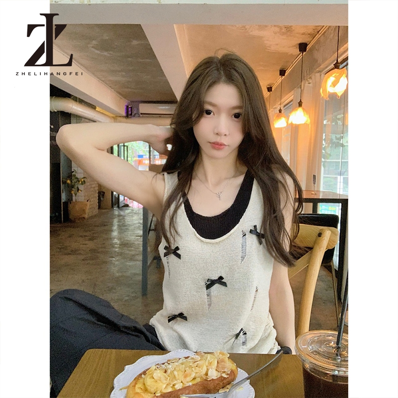 ZHELIHANGFEI ปลอมสองชิ้นฉีกสีคมชัดถักสลิงขนาดเล็กผู้หญิงสลิมฟิตโบว์เสื้อกั๊กแขนกุดสาวร้อนด้านบนด้านนอกเรา