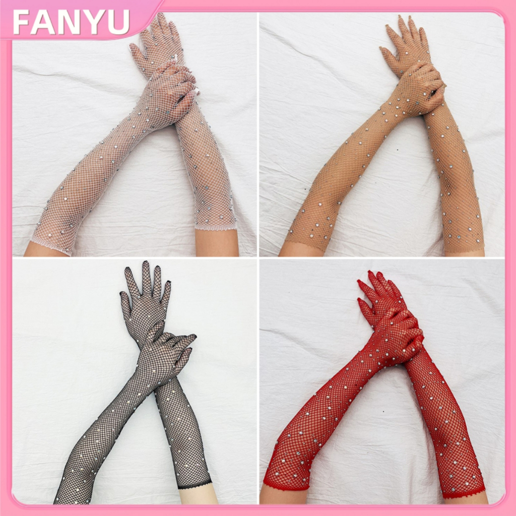 Sgl สีดําสีขาวสีแดงยาวตาข่ายถุงมือ Rhinestones Hollow ตกปลาสุทธิถุงมือผู้หญิงนิ้วมือแฟนซีคอสเพลย์ Fi