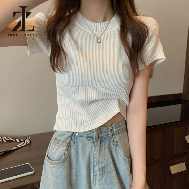 ZHELIHANGFEI เสื้อสเวตเตอร์ถักแขนสั้นเสื้อสั้นฤดูร้อนแน่นเอวสูงกระชับสัดส่วนผ้าไหมน้ำแข็ง