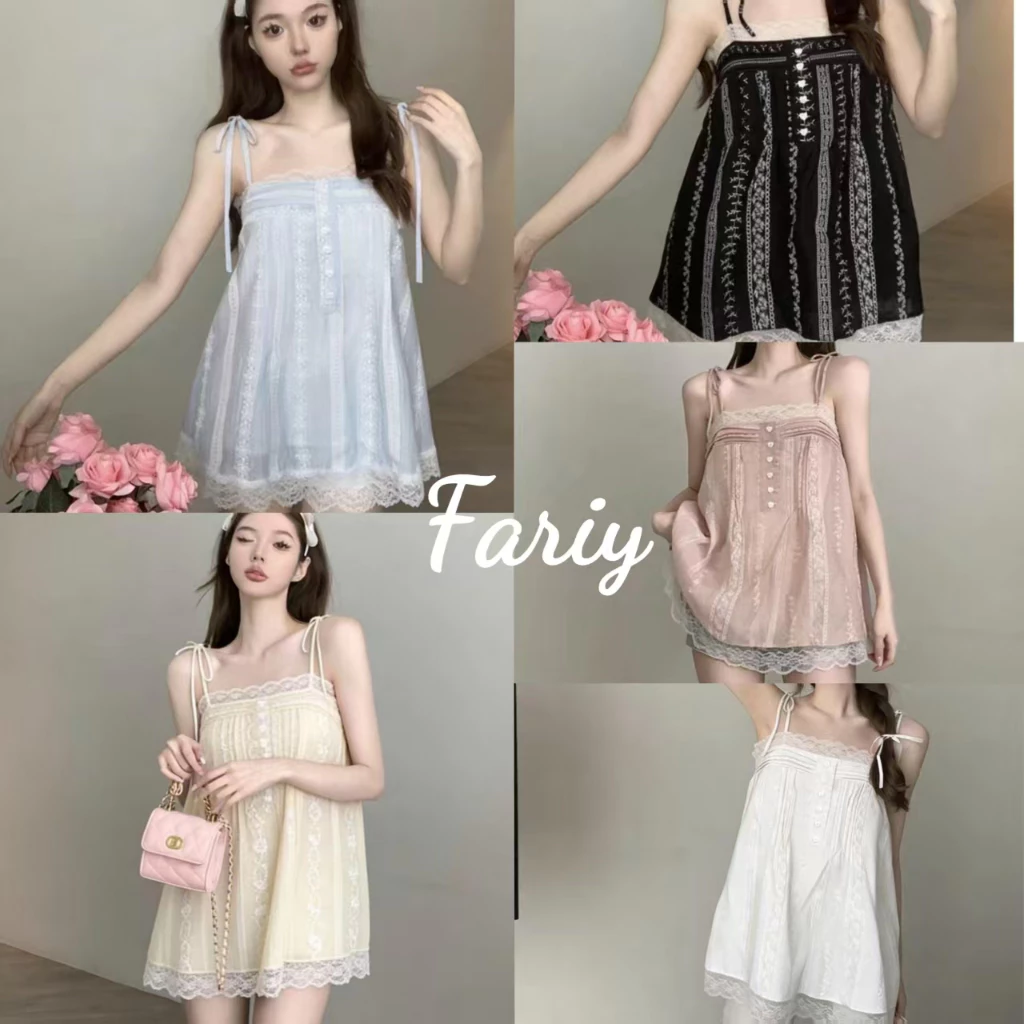 Fariy🍒คลังสินค้าพร้อม🍒 เสื้อสายเดี่ยวแขนกุดผ้าลูกไม้สไตล์ฝรั่งเศสสำหรับผู้หญิง ดีไซน์ฤดูร้อน เสื้อเชิ้ตผ้าลินิน สีขาวบริสุทธิ์และเย้ายวนใจแบบผูกเชือก