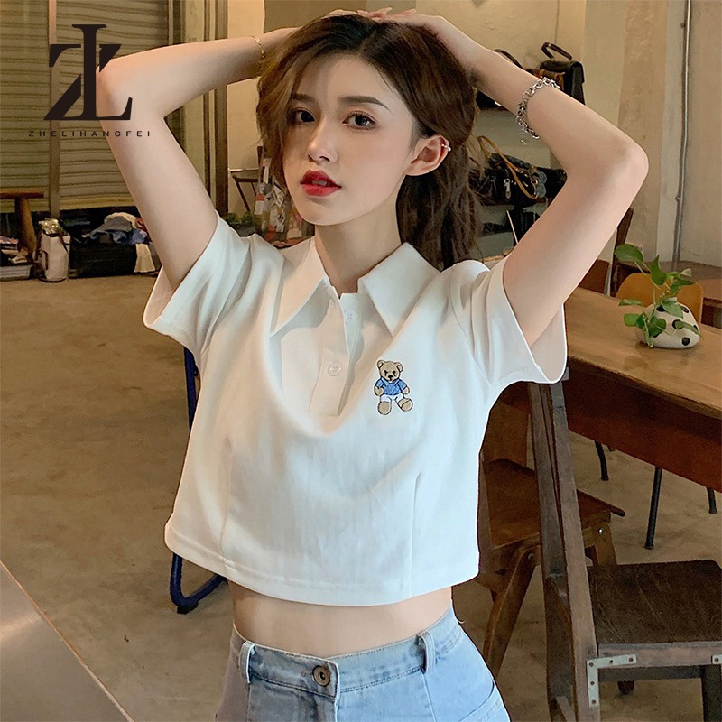 ZHELIHANGFEI   หมีน้อยเสื้อยืดปักผู้หญิงพลิกคอเปิดสะดือเสื้อแขนสั้น