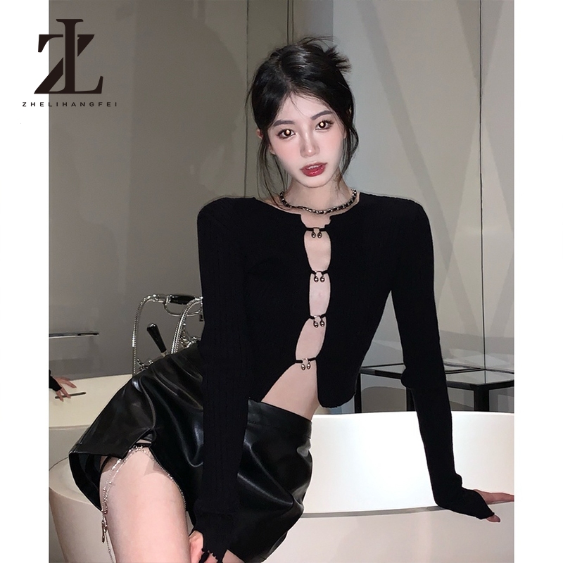 ZHELIHANGFEI เสื้อไหมพรมสาวร้อนแขนยาวเอวสูงสะดือสัมผัสเซ็กซี่สวมใส่ด้านนอก