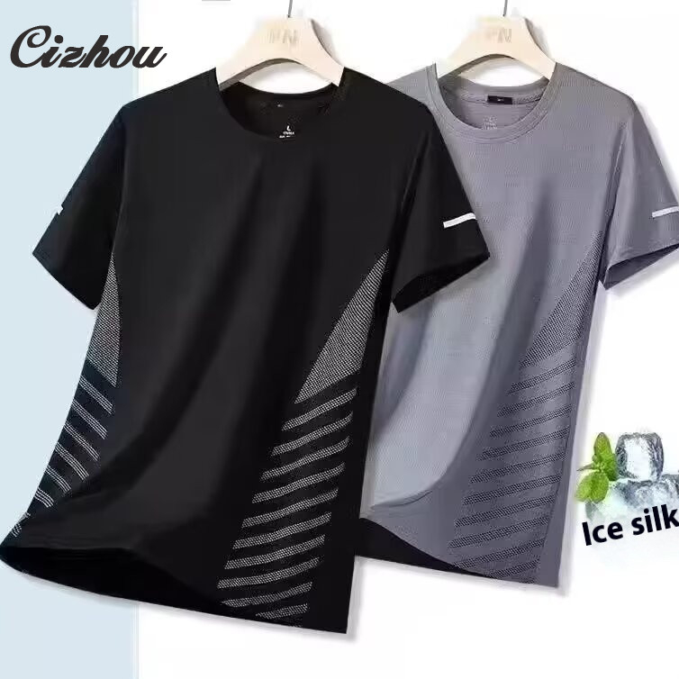 Cizhou เสื้อยืดผู้ชายแขนสั้นผ้าไหมไอซ์ฤดูร้อนแห้งเร็วสำหรับการวิ่งกลางแจ้ง