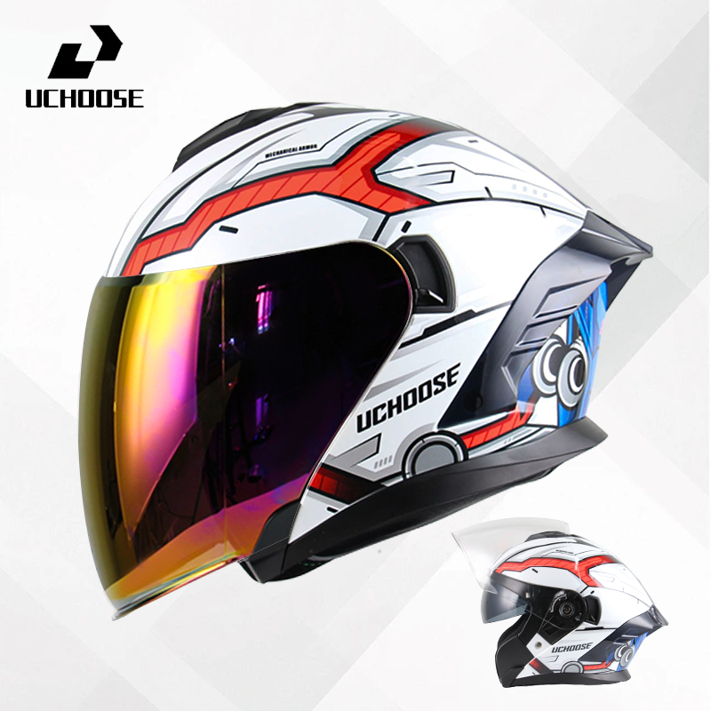 Uchoose Motorcycle Three-Quarter Helmet หมวกกันน็อคเลนส์ขนาดใหญ่เลนส์คู่พร้อมปีกด้านหลัง