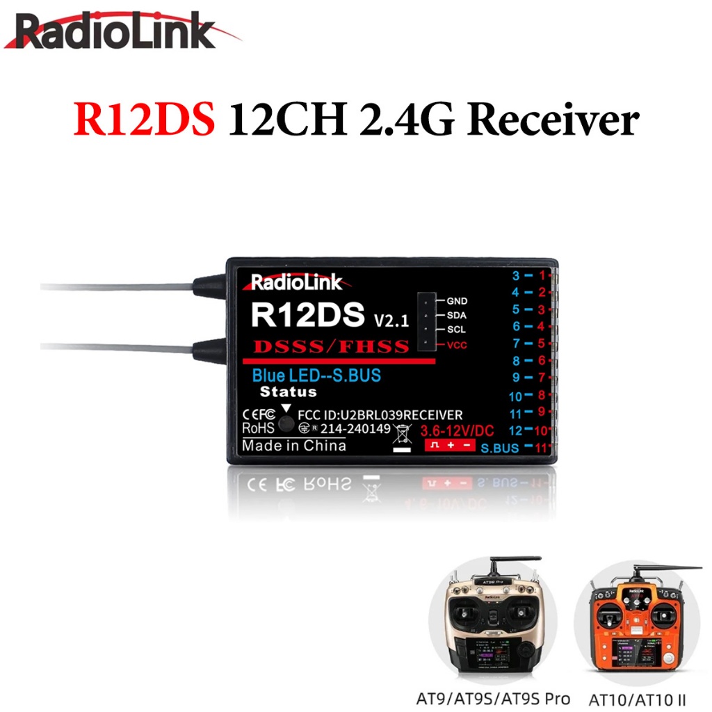 Radiolink R12DS 12CH 12 ช่อง 2.4G RC ตัวรับสัญญาณสัญญาณ SBUS/PWM DSSS & FHSS สําหรับ AT9/AT9S/AT9S P