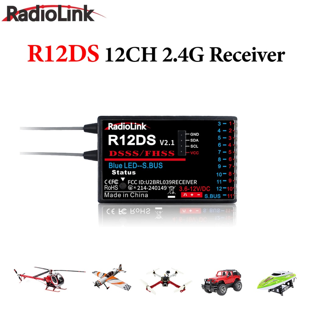 Radiolink R12DS 12CH 2.4G RC ตัวรับสัญญาณสัญญาณ SBUS/PWM DSSS & FHSS สําหรับเครื่องบินรถ AT9 AT9S AT