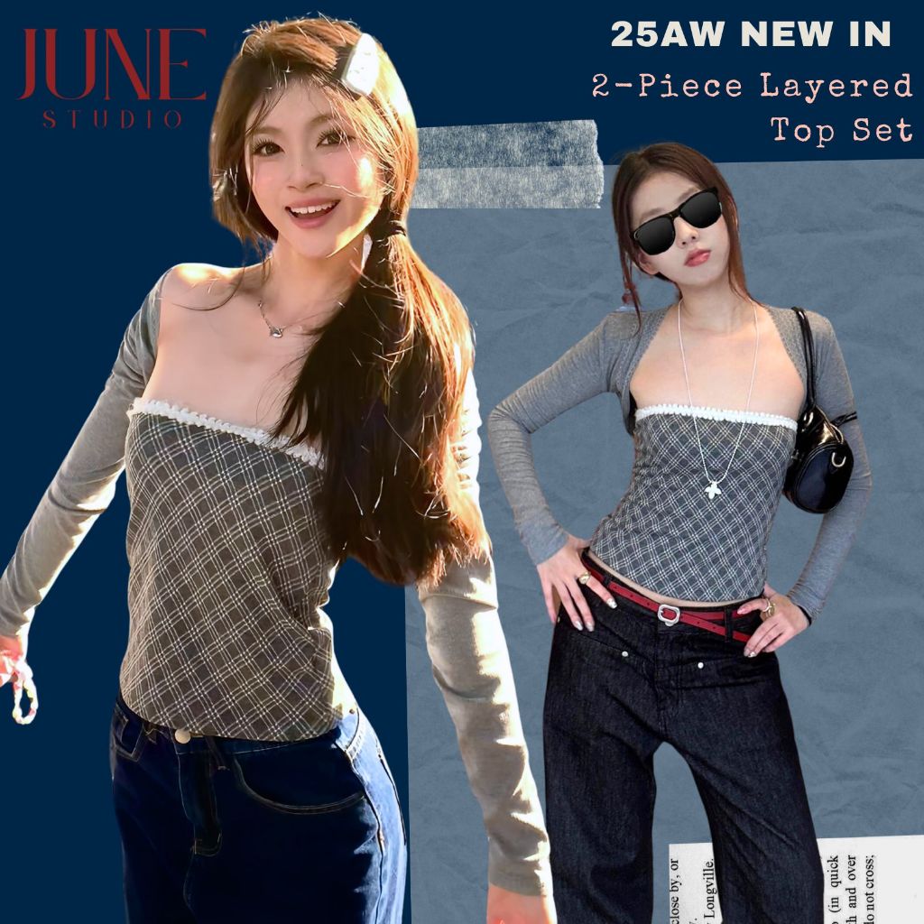 [June Studio] Girls Grey Plaid Sexy Top Suit