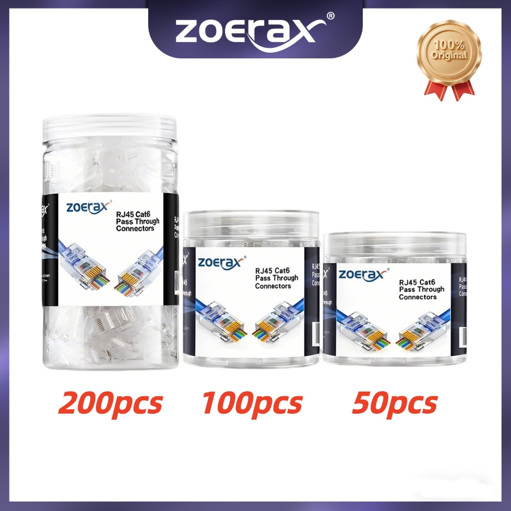 ZoeRax 200PCS CAT6/CAT5E RJ45 ผ่านเชื่อมต่อ, 8P8C Modular Plug, Unshielded FTP/UTP สําหรับ RJ45 สายเคเบิลเครือข่าย