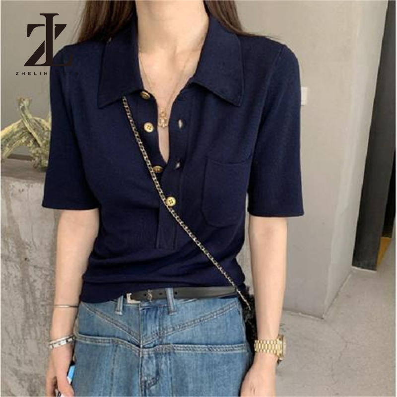 ZHELIHANGFEI เสื้อถักฝรั่งเศสด้านหน้าไหล่แขนสั้นโปโลปกอารมณ์สลิมฟิตเสื้อจุดต่ําสุดด้านบน