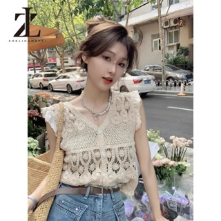 ZHELIHANGFEI เคเสื้อถักคอวีลูกไม้เย็บบินแขนโครเชต์กลวงแขนกุด…