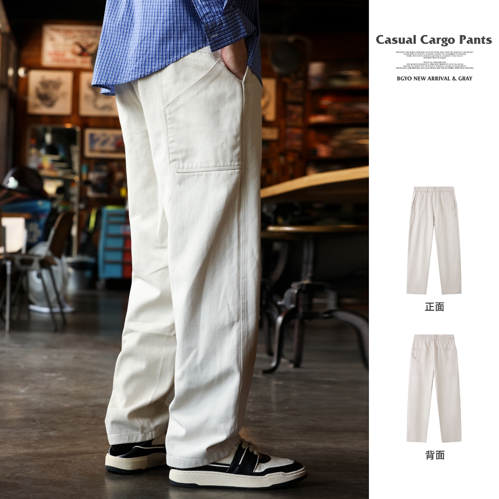 Wuluwear American Retro Off-White Overalls Loggy กางเกงผู้ชายหลายกระเป๋าออกแบบหลวมตรงกางเกง