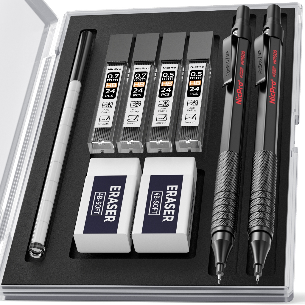Nicpro 2 ชิ้น ดินสอกด 0.5 มม. & 0.7 มม. พร้อมเคส, MP1000 โลหะชุดดินสอศิลปินพร้อมไส้ตะกั่ว HB 4 หลอด, ยางลบ 2 อัน, ไส้ยางลบ 9 ไส้สําหรับการเขียนศิลปะการวาดภาพ,