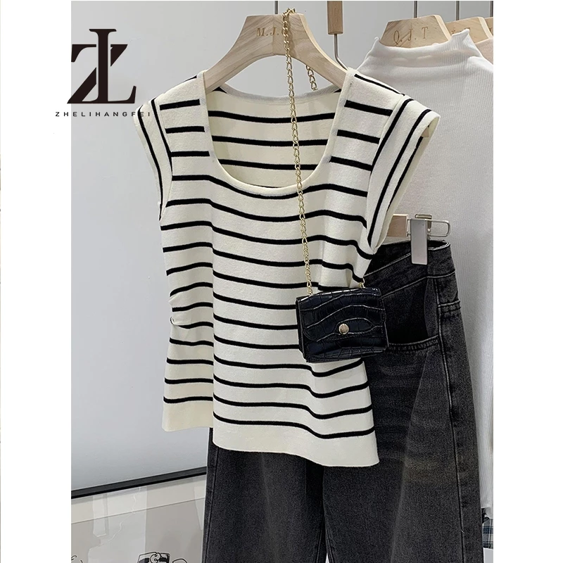 ZHELIHANGFEI เวอร์ชั่นเกาหลีแฟชั่นถัก เสื้อชั้นในสตรี ผู้หญิงสวมใส่ด้านนอกสั้น ยู-คอหวานลายเสื้อยืดแขนกุด