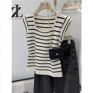 ZHELIHANGFEI เวอร์ชั่นเกาหลีแฟชั่นถัก เสื้อชั้นในสตรี ผู้หญิงสวมใส่ด้านนอกสั้น ยู-คอหวานลายเสื้อยืดแขนกุด