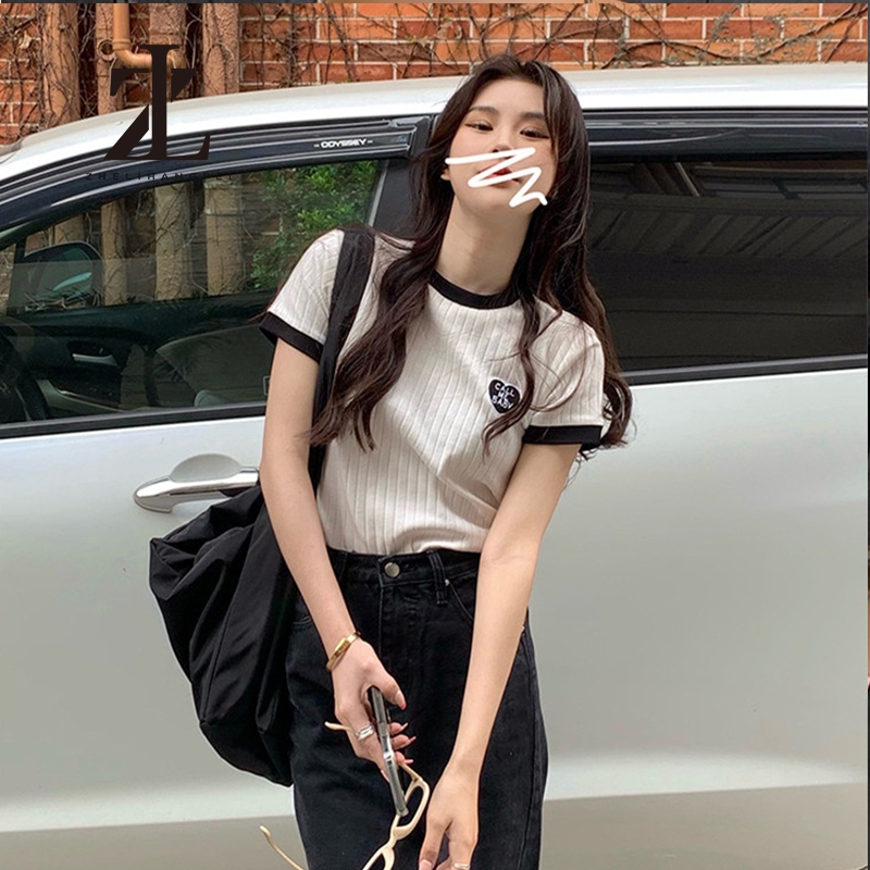 ZHELIHANGFEI เสื้อยืดถักแขนสั้นสไตล์แฟชั่นเกาหลี
