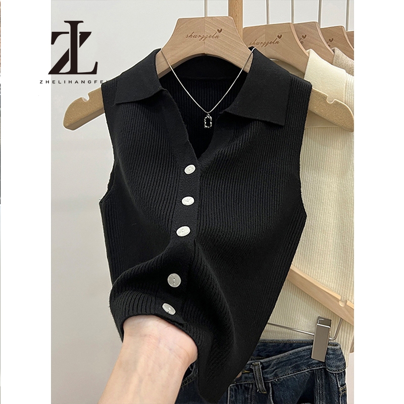 ZHELIHANGFEI  เสื้อกั๊กถักคอปกพับผู้หญิง รุ่นบาง ผ้าซิลค์เย็นแขนกุดตัวสั้น