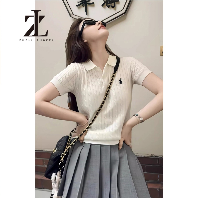 ZHELIHANGFEI เสื้อสเวตเตอร์ถักแขนสั้นปักลายม้าโพนี่คอปกโปโลเสื้อรัดรูปความแปลกใหม่ในฤดูร้อน