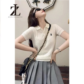 ZHELIHANGFEI เสื้อสเวตเตอร์ถักแขนสั้นปักลายม้าโพนี่คอปกโปโลเ…