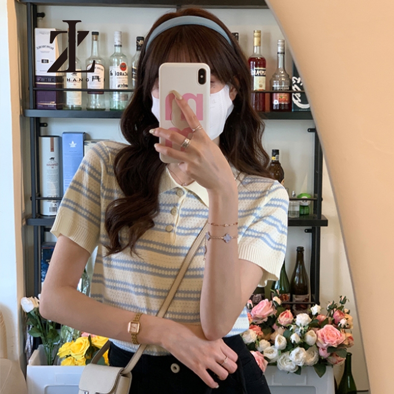 ZHELIHANGFEI เสื้อถักคอปกลายทาง สไตล์เกาหลี ดีไซน์แขนสั้นมีสไตล์ เสื้อโปโล