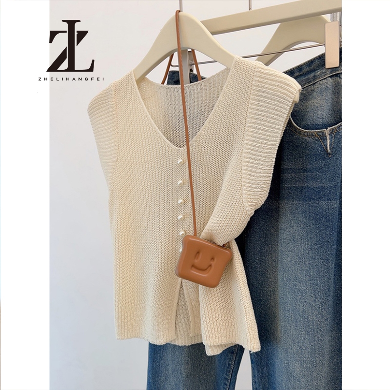 ZHELIHANGFEI  เสื้อไหมพรมคอวีแบบบางสำหรับผู้หญิง ตกแต่งด้วยลูกปัด แขนสั้น และมีการเปิดข้าง