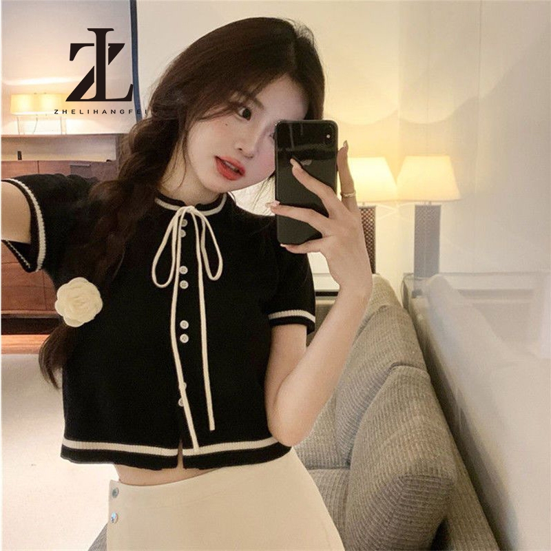 ZHELIHANGFEI  ใหม่ถักเสื้อผู้หญิงแขนสั้นเสื้อยืดด้านบนลูกไม้ขึ้นปุ่มตกแต่งตกแต่ง