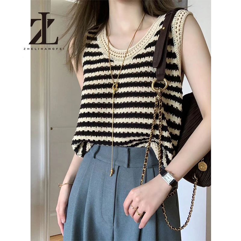ZHELIHANGFEI  ลายถักเสื้อกั๊กผู้หญิงสไตล์ย้อนยุคเสื้อกล้ามด้านบน