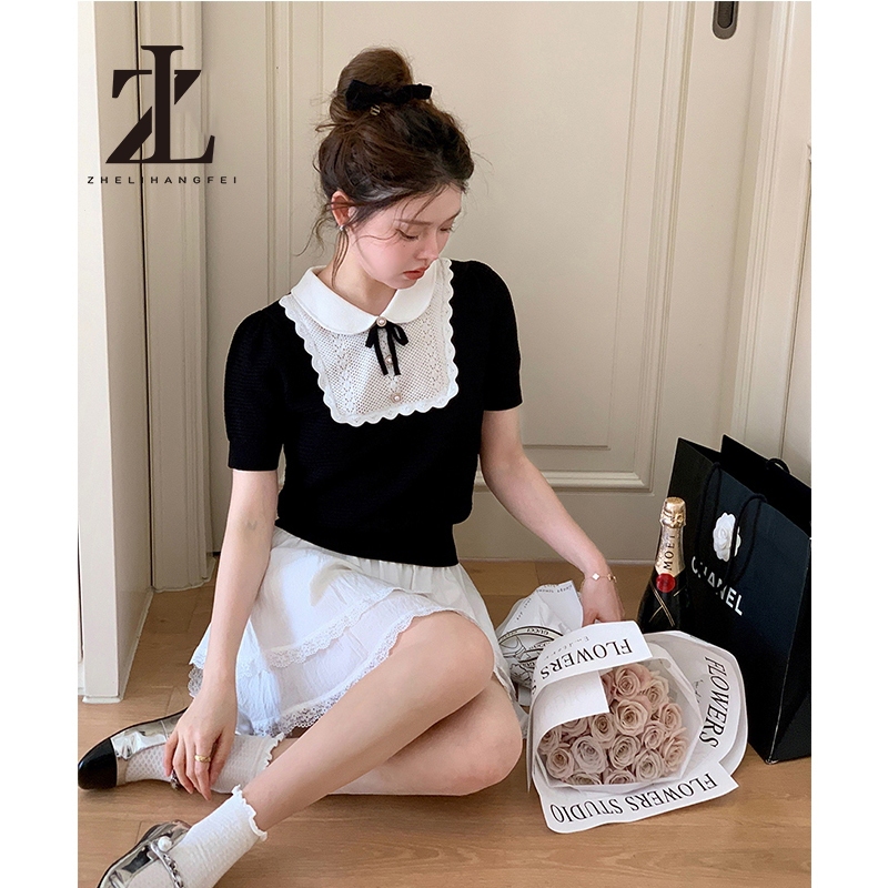 ZHELIHANGFEI ฝรั่งเศส มิอุ สไตล์ถักแขนสั้นเสื้อยืดหญิงตุ๊กตาคอโบว์ด้านบนหญิงหวานอายุ-สีแดง