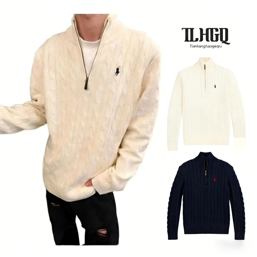 TLHGQ Horse Logo black ปักเสื้อถักผู้ชายฤดูใบไม้ร่วงและฤดูหนาวยืนปกครึ่งซิป，เสอื กนั หนาวผชู้ าย