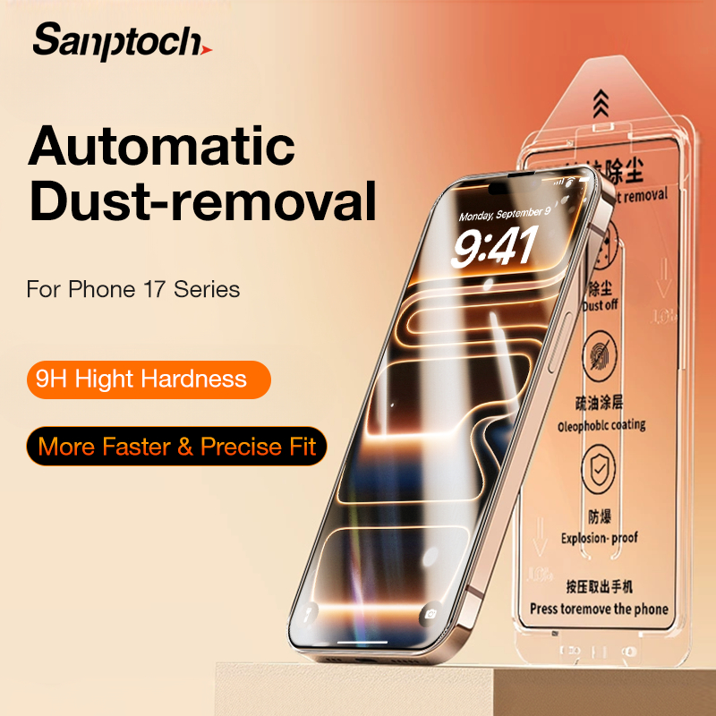 Sanptoch Full Cover Screen Protector พร้อมกล่องติดตั้งอัตโนมัติสำหรับ iPhone 17/16/15/14/13/12 Pro Max 9 ชั่วโมงกระจกนิรภัยความแข็งสูงสำหรับ iPhone 17 Air 16 15 14 Plus HD ฟิล์มป้องกันทหารโปร่งใส