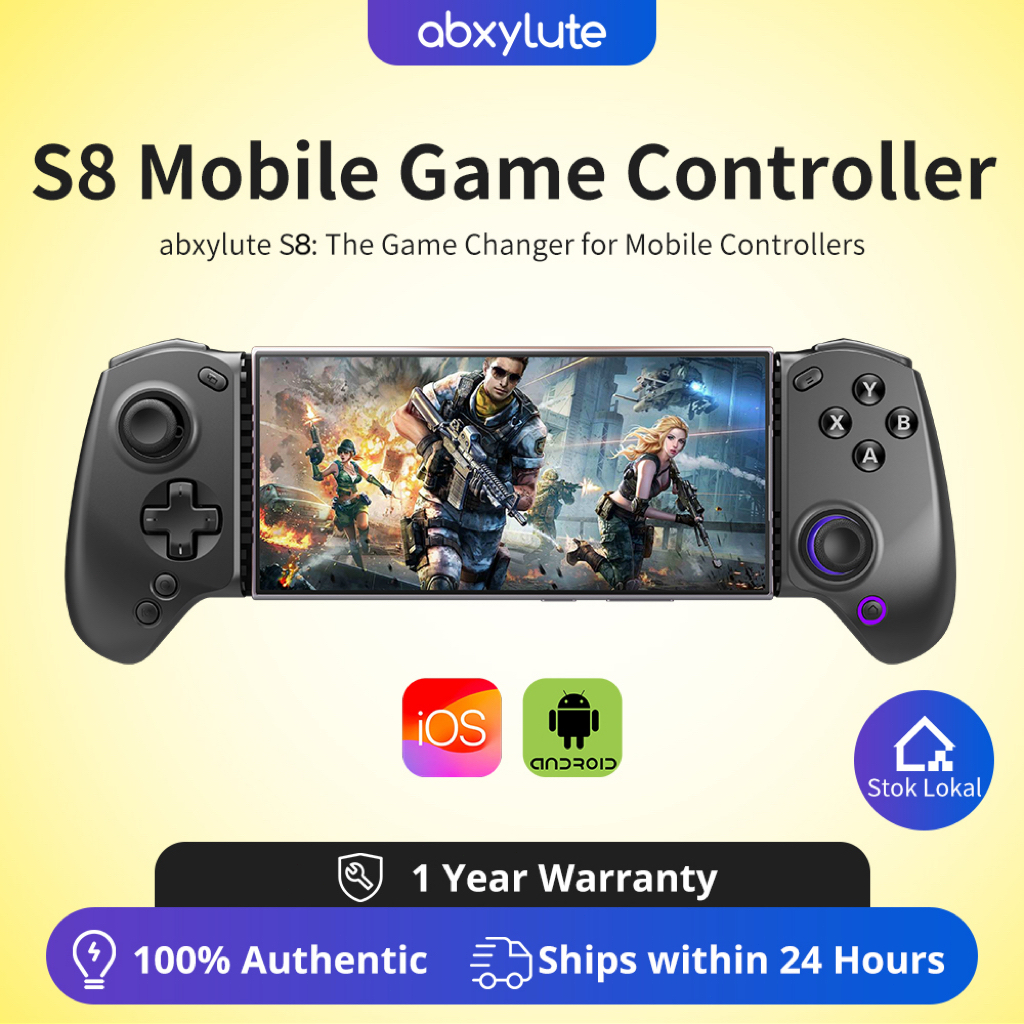 abxylute S8 คอนโทรลเลอร์เกมมือถือบลูทูธสำหรับ Switch 1&2, iPhone15/16/17, iPad, Android โทรศัพท์และแท็บเล็ต, เกมแพดพกพาไร้สายพร้อมจอยสติ๊กแบบ Hall, ไทริกเกอร์แบบ Hall, ปุ่มปรับแต่งได้และการแม็ปปุ่ม
