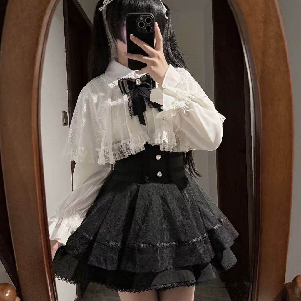 Rule of Disorder in Atmosphere Vitality  เสื้อคลุมลูกไม้ญี่ปุ่นด้านบนชุดสองชิ้น Daily LO หวานน่ารักเสื้อแขนยาว Jirai Kei Landmine สไตล์