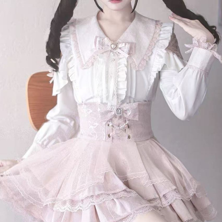 [Dream Song] วัฒนธรรมย่อยญี่ปุ่นหรูหรา Miss Design เสื้อเชิ้ตแขนยาวเอวสูงชุดกระโปรงครึ่งตัว Jirai Kei สไตล์ Landmine