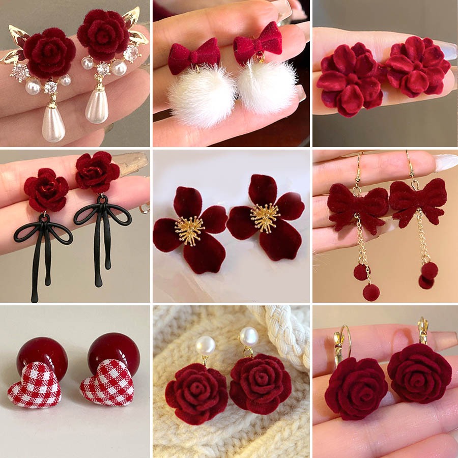 ต่างหูโบว์แฟชั่นใหม่ปีใหม่ สไตล์หรูระดับไฮเอนด์ มีการตกแต่งด้วยดอกไม้สีแดง