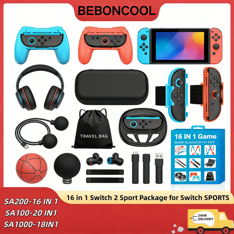 BEBONCOOL-SA200 16 in 1 Switch 2 ชุดกีฬาเหมาะสําหรับ Switch SPORTS + Mario Racing ปฏิสัมพันธ์ระหว่างพ่อแม่และลูกครอบครัวชุดความบันเทิงไม้เทนนิส/กอล์ฟคลับ/พวงมาลัยกันลื่นวัสดุทนต่อการสึกหรอเพิ่ม Grip Plug Play